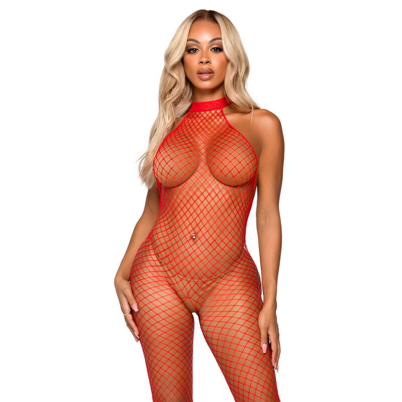 Bodystocking em Rede Vermelho com Gola Halter