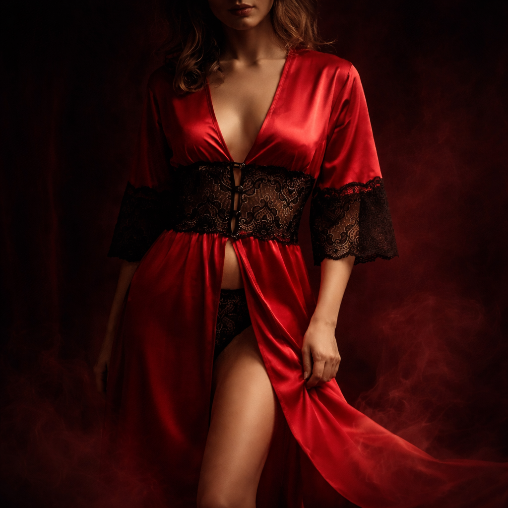 Camisa de Noite Longa Vermelha em Cetim com Renda Elegante