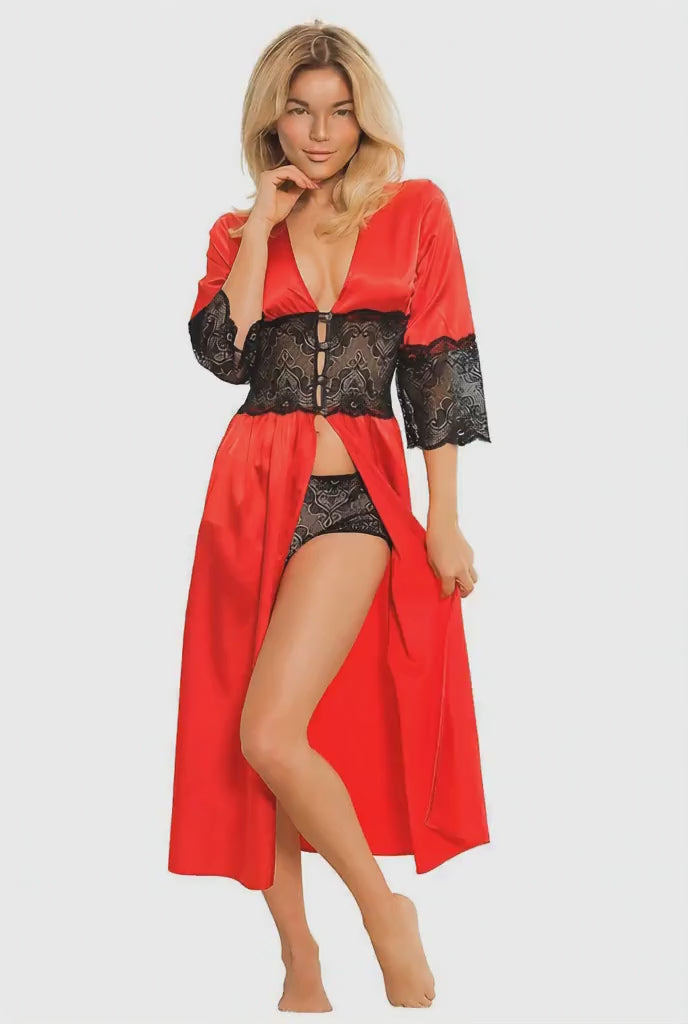 Camisa de Noite Longa Vermelha em Cetim com Renda Elegante