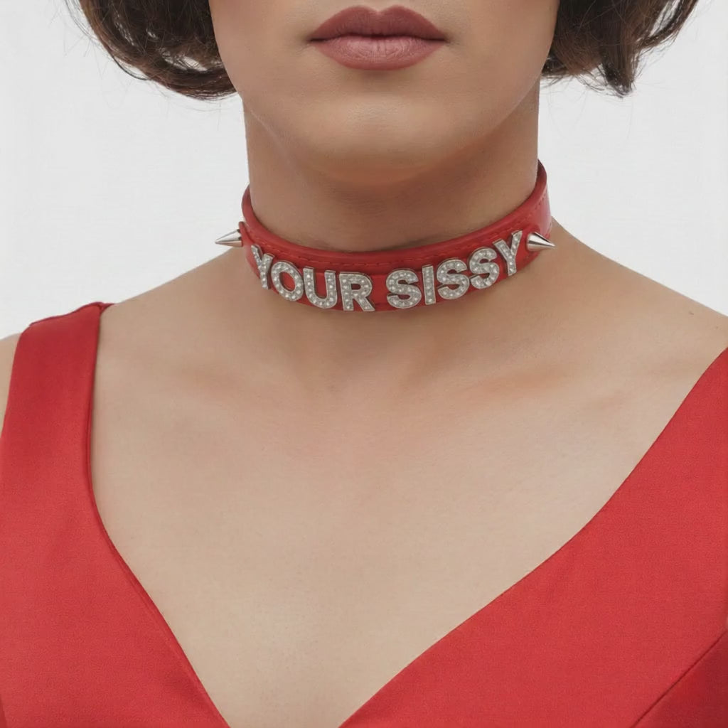 Coleira BDSM Sissy com Strass Vermelha