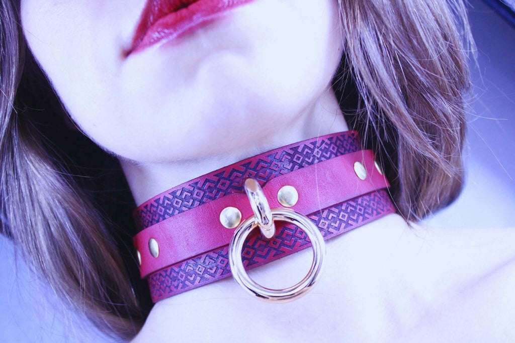 Submissive Collar Red Tribal Pattern for BDSM Dominance Play-0